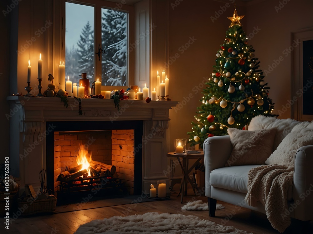 A cozy winter interior with a warm fire and festive decor for Christmas. A cozy winter interior with a warm fire and festive decor for Christmas.