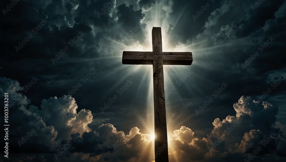 A cross illuminated by divine light amid dramatic clouds signifies resurrection and hope. A cross illuminated by divine light amid dramatic clouds signifies resurrection and hope.