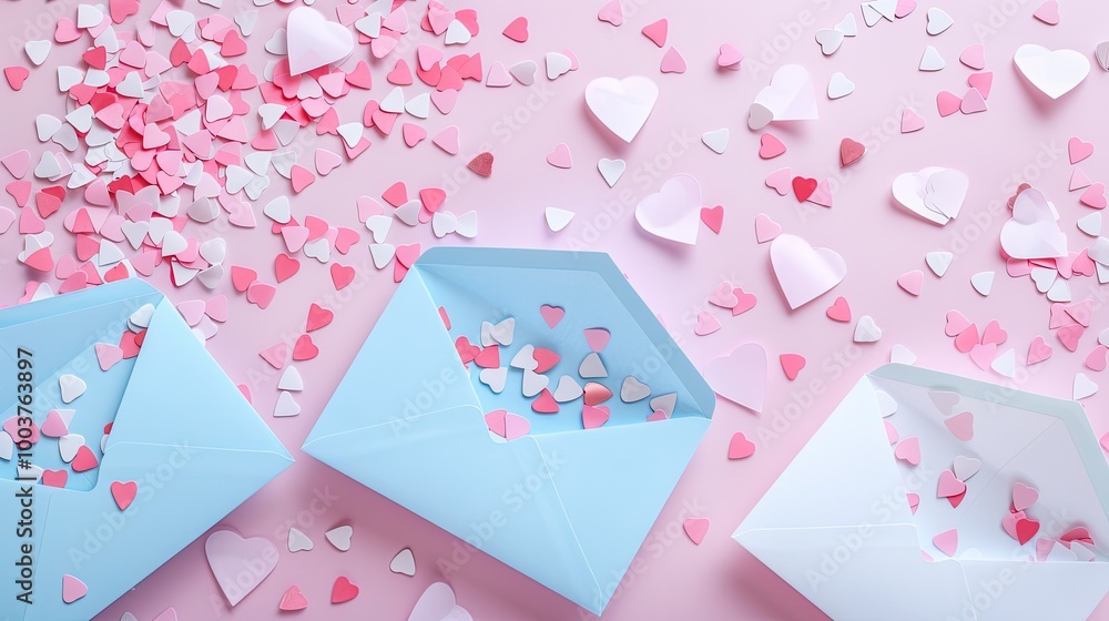 blank blue and pink cards tucked inside white envelopes and a row of pink confetti hearts on blank paper blank blue and pink cards tucked inside white envelopes and a row of pink confetti hearts on blank paper