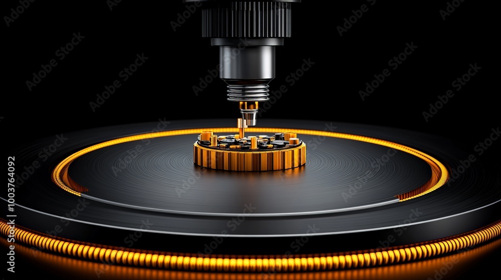 Precision Engineering: CNC Machining of a Gold Gear. Close-up view of a CNC machine precisely milling a small, intricate golden gear. The image highlights the detail, precision. Precision Engineering: CNC Machining of a Gold Gear. Close-up view of a CNC machine precisely milling a small, intricate golden gear. The image highlights the detail, precision.