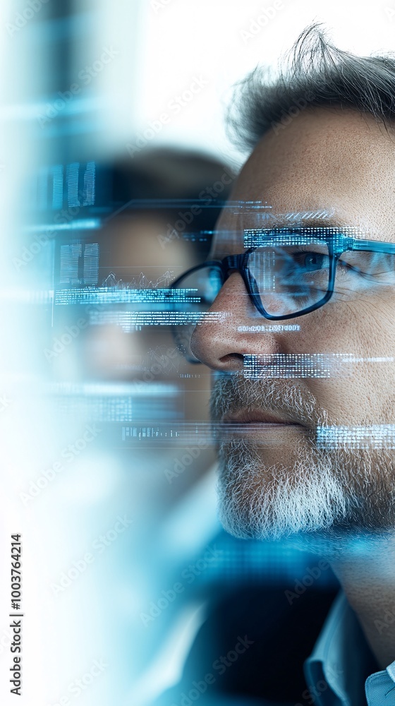 A business executive in deep thought, surrounded by floating digital interfaces showing real-time analytics and futuristic data projections, set against a white background, A business executive in deep thought, surrounded by floating digital interfaces showing real-time analytics and futuristic data projections, set against a white background,