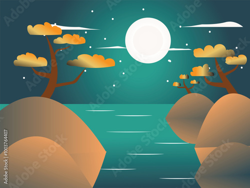 landscape with moon, landscape with moon and clouds, vector full moon on the beach