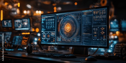 Futuristic computer workstation with multiple screens displaying data analytics in a high-tech control room environment