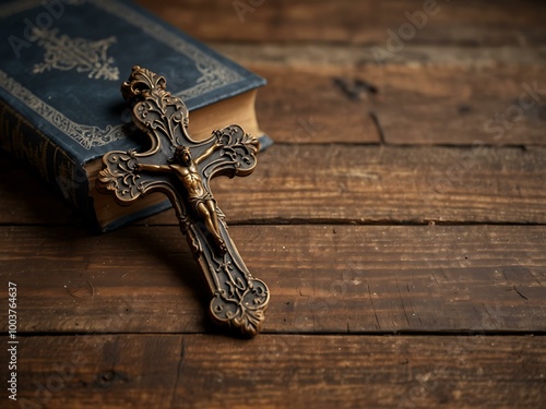 A decorative cross rests on a vintage book against a wooden backdrop with ample space.