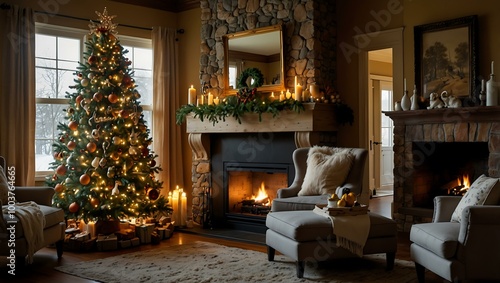 A decorated tree and warm fireplace create a festive winter atmosphere.