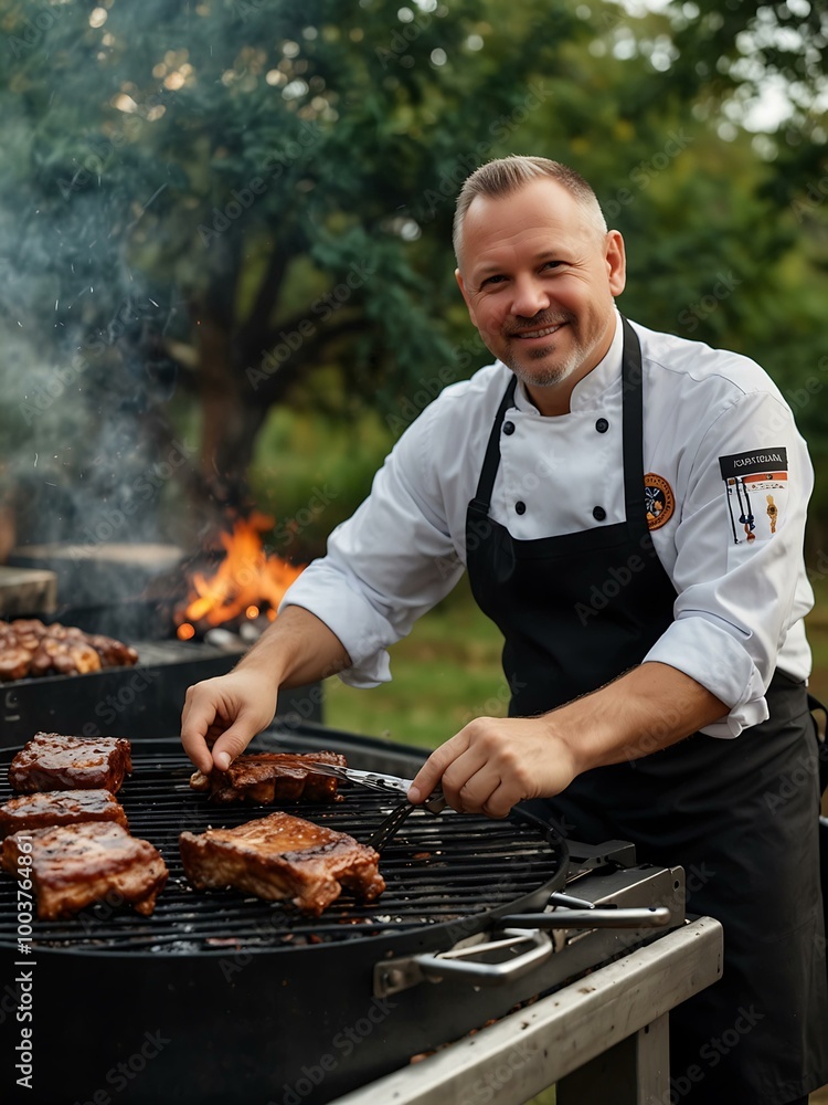 A dedicated chef grills ribs outdoors, showcasing the passion of barbecue cooking. A dedicated chef grills ribs outdoors, showcasing the passion of barbecue cooking.