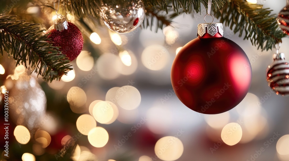 Festive Red Ornament on Christmas Tree Branch Festive Red Ornament on Christmas Tree Branch