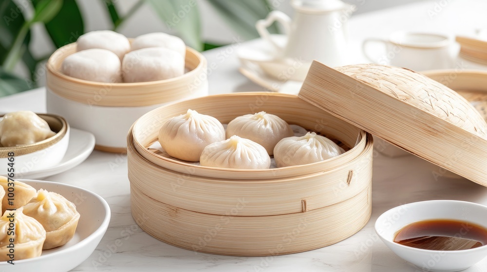 Freshly Steamed Dumplings in Bamboo Baskets Freshly Steamed Dumplings in Bamboo Baskets