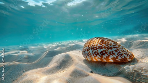 Mauritia Mauritiana or chocolate cowry humpback cowry seashell on a sand underwater photo