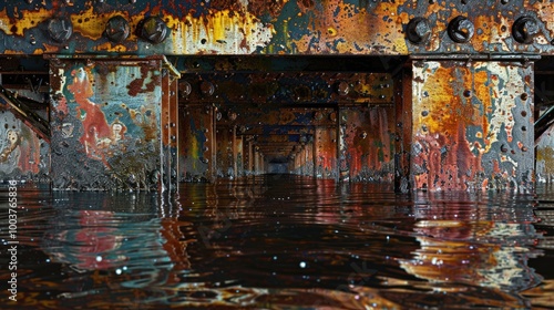 Underside railing of old rusting metal corroding railroad bridge with oil spill colors photo