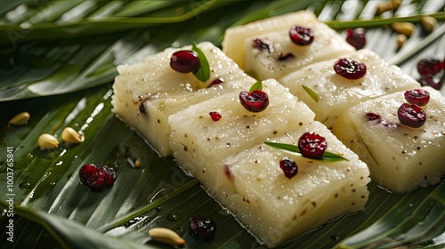 Vattayappam slices Steamed spongy rice cake topped with dried cranberries A traditional tea time snack from Kerala prepared with a fermented batter of rice and coconut Shot on banana leaf photo