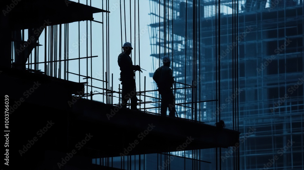 Silhouetted construction workers on a building site during twilight. Silhouetted construction workers on a building site during twilight.