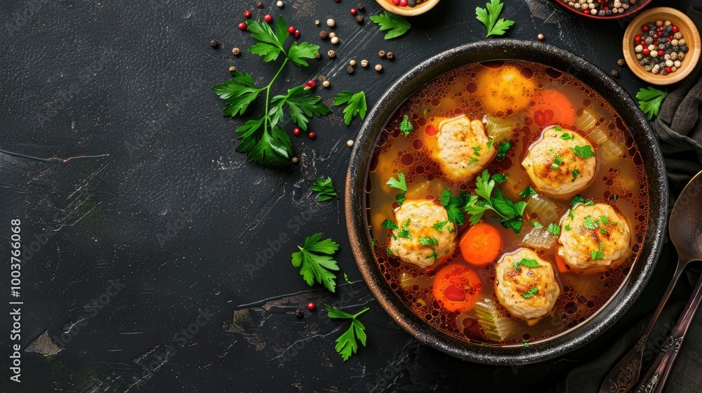 Chicken crock pot soup with dumplings Top view copy space Chicken crock pot soup with dumplings Top view copy space