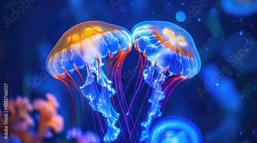 Two South american sea nettle Chrysaora plocamia jellyfish swimming in blue water of aquarium with red neon lighting Aquatic organism animal undersea life biodiversity photo