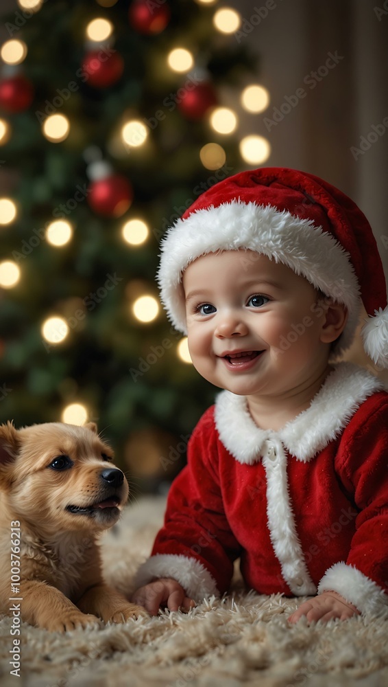 A festive baby in a Santa hat smiles beside a cute puppy, surrounded by sparkling lights. A festive baby in a Santa hat smiles beside a cute puppy, surrounded by sparkling lights.