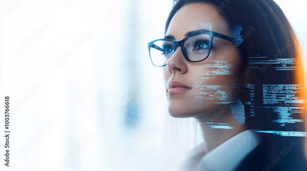 A business woman executive in deep thought, surrounded by floating digital interfaces showing real-time analytics and futuristic data projections, set against a white background, A business woman executive in deep thought, surrounded by floating digital interfaces showing real-time analytics and futuristic data projections, set against a white background,