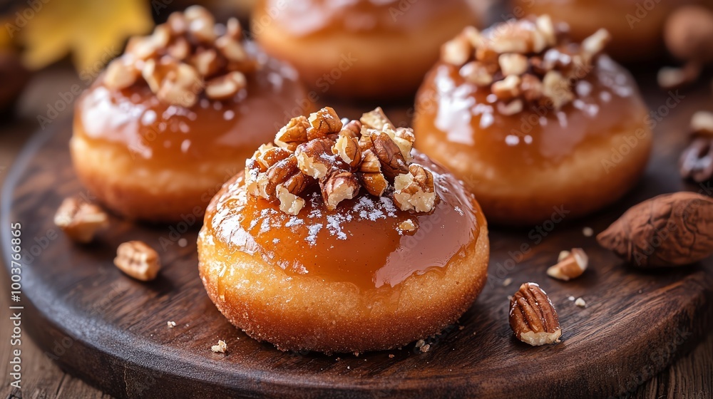 Timbits with maple glaze and crushed nuts on top, set against a warm rustic backdrop, creating a cozy autumn feel, Timbit, seasonal dessert treat Timbits with maple glaze and crushed nuts on top, set against a warm rustic backdrop, creating a cozy autumn feel, Timbit, seasonal dessert treat