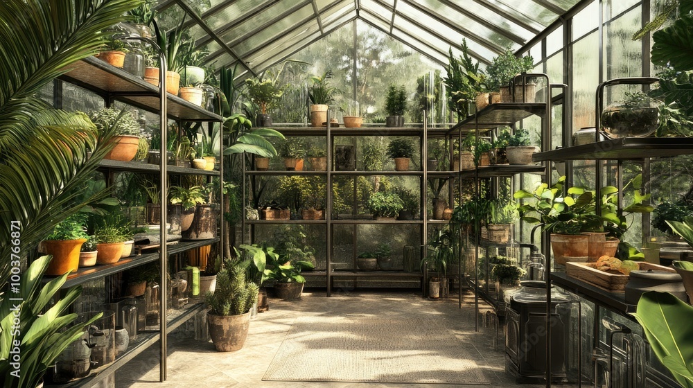 A sophisticated eclectic greenhouse with a blend of vintage metal shelving