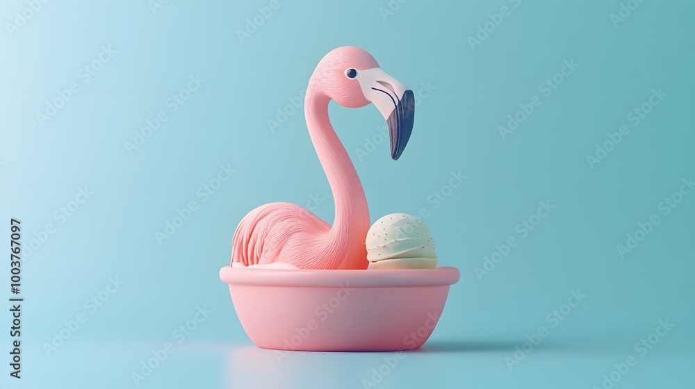 Fototapeta premium Flamingo float rotate around ice cream on pastel blue background. Seamless looped animation. Minimal summer concept. 3d rendering. 