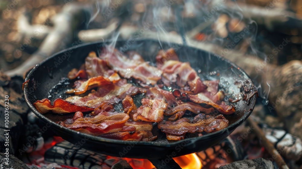 Bacon sizzling in a pan outdoors Bacon sizzling in a pan outdoors