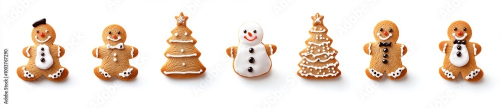 A collection of gingerbread cookies in the shape of Christmas trees, snowmen, and smiling men, isolated on a white background with a clipping path. A collection of gingerbread cookies in the shape of Christmas trees, snowmen, and smiling men, isolated on a white background with a clipping path.