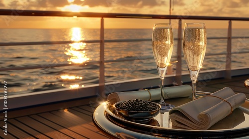 A silver tray covered in starched white table linen with caviar and all the trimmings and two chilled glasses of champagne at sunset on the balcony of a luxury cruise ship cruising in the Red Sea