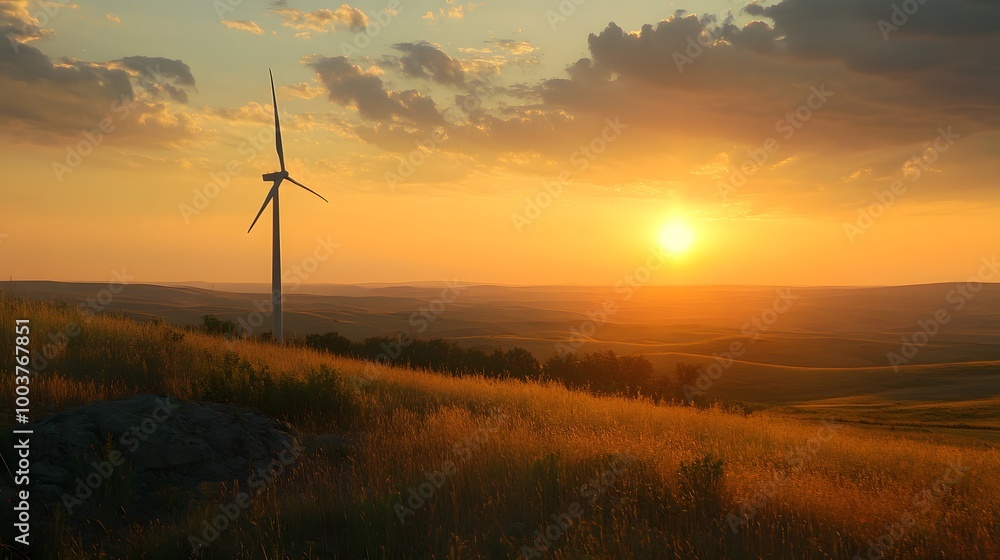 Obraz premium A wind turbine in the distance of a sunset-lit landscape, symbolizing renewable energy and the beauty of nature