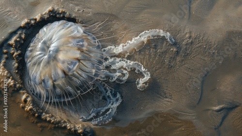 Dead jellyfish in the sand of the beach photo