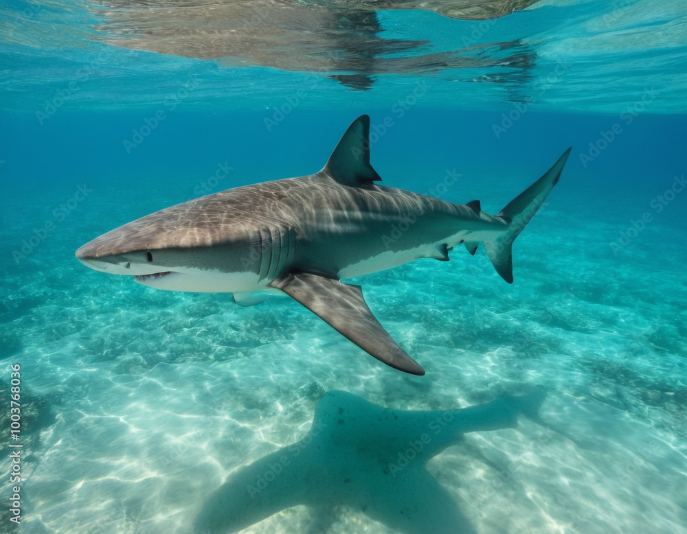 Obraz premium A solitary shark gliding through crystal-clear turquoise waters near the shoreline, illustrating the serene yet powerful presence of marine life in nature