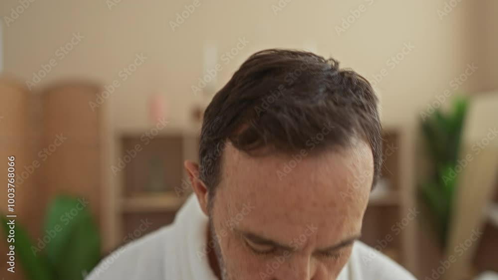 Middle-aged man rinsing mouth in a spa setting wearing a white robe with a calm and serene expression indoors