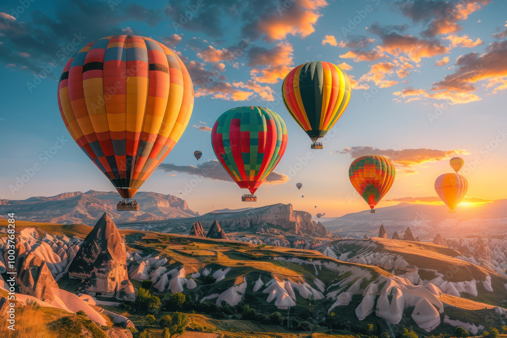 Obraz premium Colorful hot air balloons flying over mountain