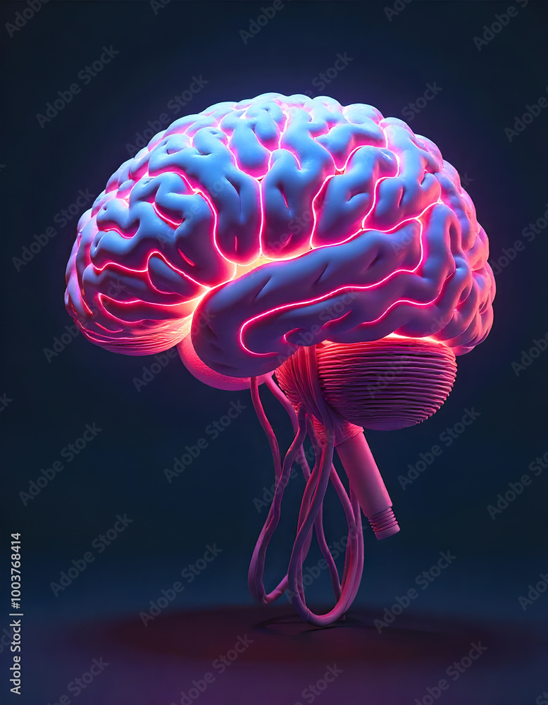 A brain surrounded by intricate wiring, lit up by neon technology. A brain surrounded by intricate wiring, lit up by neon technology.