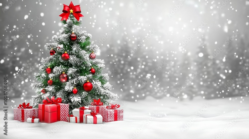 Christmas tree with gifts on snow background, silver gray color palette Christmas tree with gifts on snow background, silver gray color palette