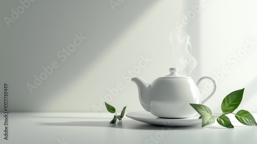 A white ceramic teapot with a cup of steaming green tea, beautifully arranged on a minimalist white background.