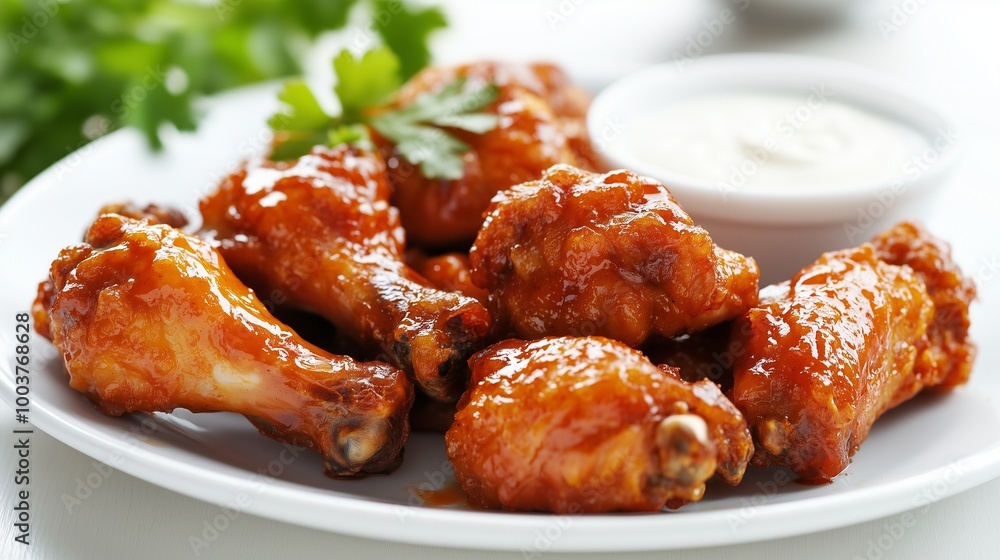 A white plate of crispy chicken wings coated in a tangy sauce, served with a side of ranch dressing. A white plate of crispy chicken wings coated in a tangy sauce, served with a side of ranch dressing.