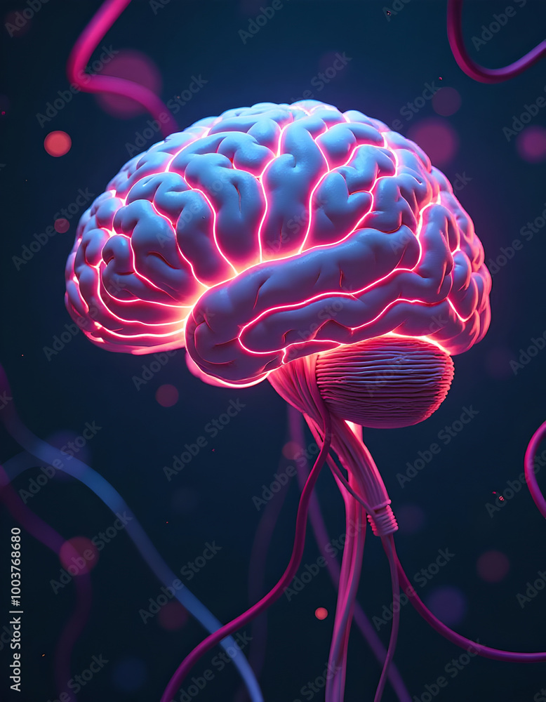 A brain surrounded by intricate wiring, lit up by neon technology. A brain surrounded by intricate wiring, lit up by neon technology.