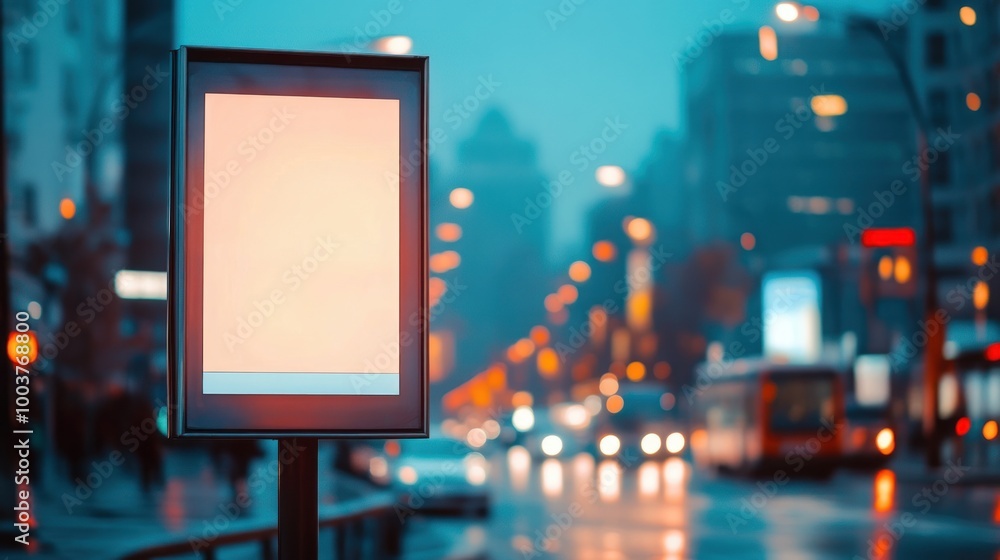 A city street scene featuring a blank advertising panel amidst urban traffic at dusk. A city street scene featuring a blank advertising panel amidst urban traffic at dusk.