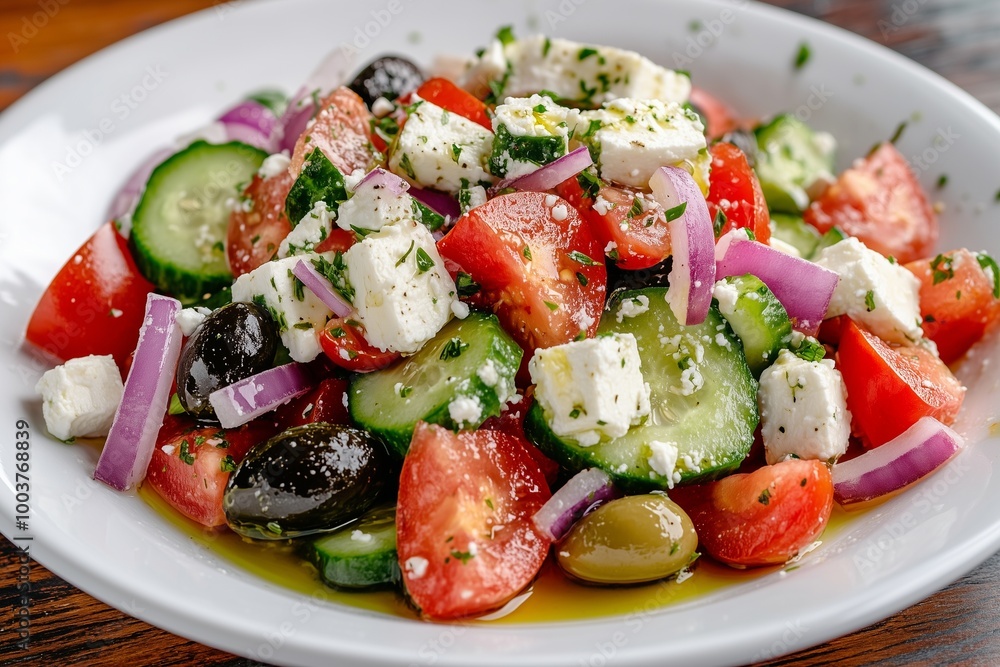 A white plate of vibrant Greek salad with fresh tomatoes, cucumbers, olives, feta cheese, and red onions, dressed in olive oil. A white plate of vibrant Greek salad with fresh tomatoes, cucumbers, olives, feta cheese, and red onions, dressed in olive oil.