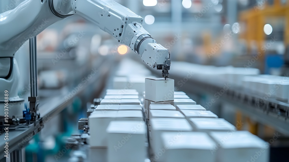 Fototapeta premium Robotic arm examining a row of milk cartons in a clean, sterile environment, ensuring consistent packaging and sealing, detailed view