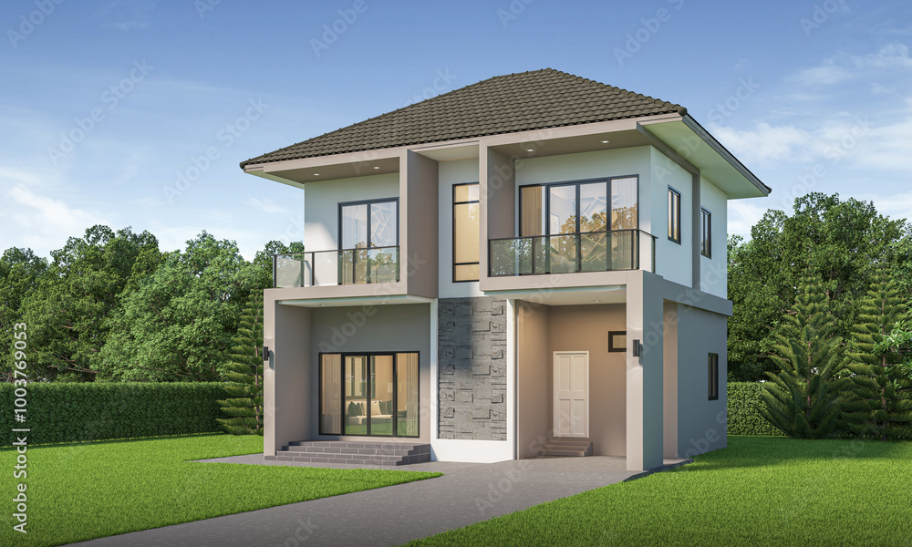 Modern house exterior day light with lawn grass.3d rendering Modern house exterior day light with lawn grass.3d rendering