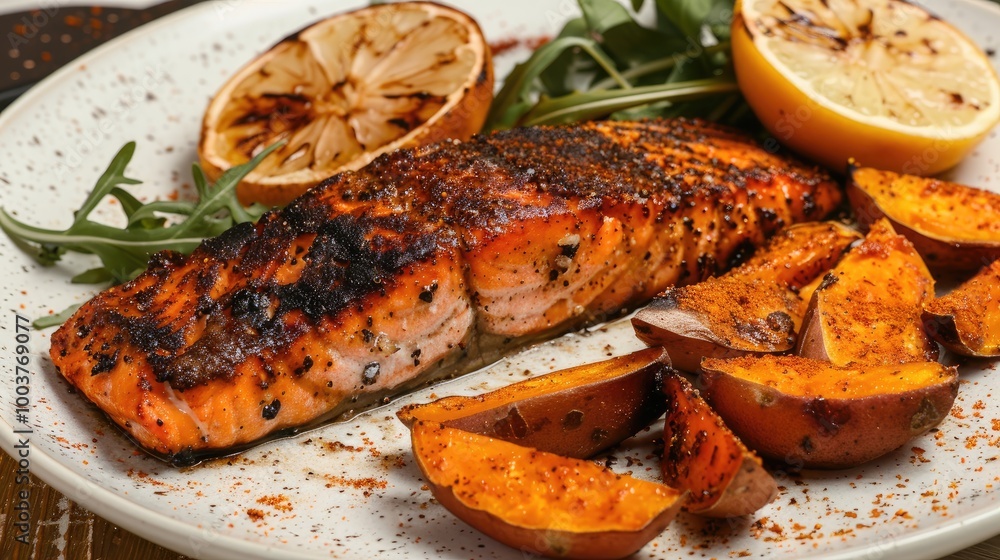 Blackened salmon fillet with sweet potato wedges Blackened salmon fillet with sweet potato wedges