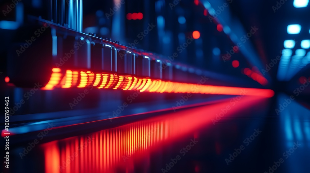 Fototapeta premium Food conveyor belt in an advanced AI facility, holographic projection identifying product defects, sleek futuristic machinery, Sci-Fi, Neon Blue, Digital Render