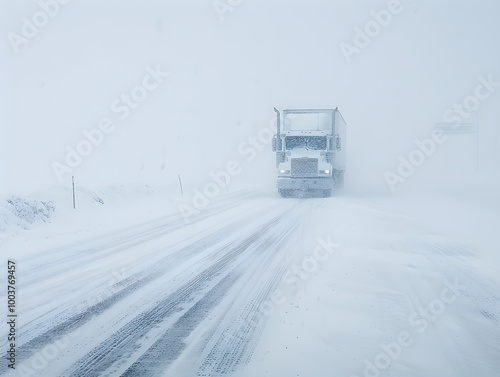 A high altitude snowstorm blankets the landscape in a blizzard, causing whiteout conditions.