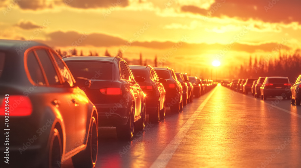 Long line of cars stuck in traffic at sunset Long line of cars stuck in traffic at sunset