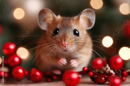 Small brown mouse is standing on a red berry bush. The mouse is looking at the camera. a christmas mouse