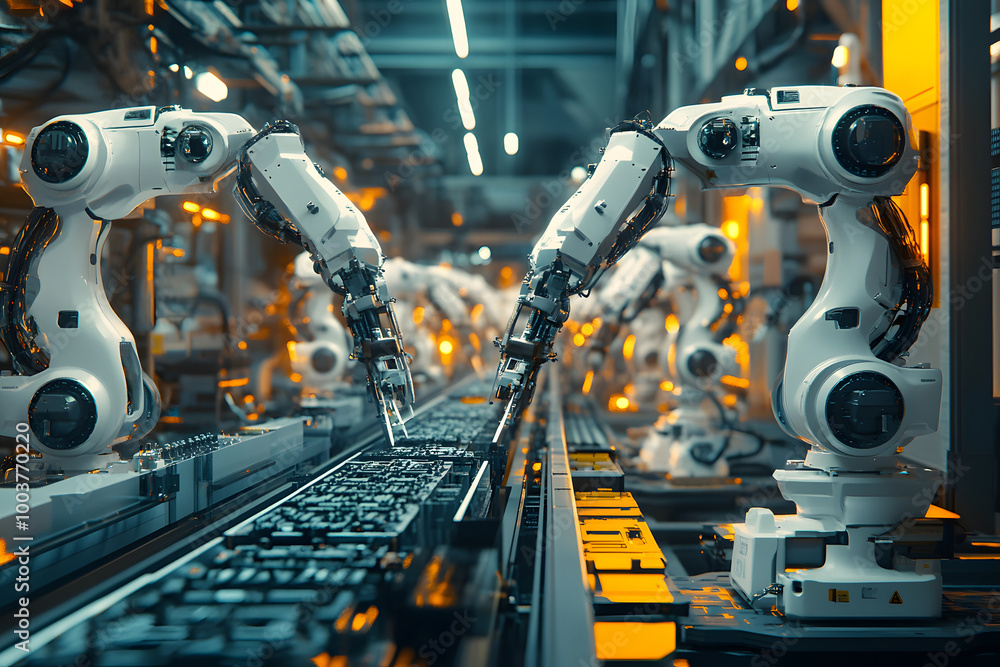工場の自動化ロボット。高度なAI制御による生産ラインの効率化 工場の自動化ロボット。高度なAI制御による生産ラインの効率化