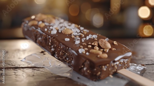 Macro closeup of one chocolate almond nuts ice cream bar on wood stick with plastic white wrap packaging package on kitchen table photo