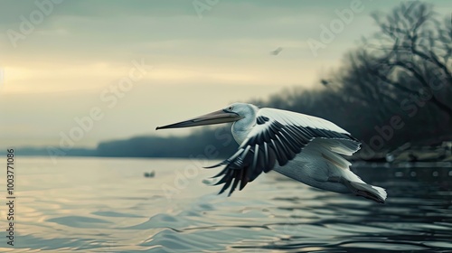 Slow pan of pelican gliding past lakeshore photo