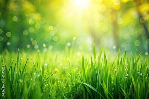 Juicy green grass on meadow with dew drops in spring