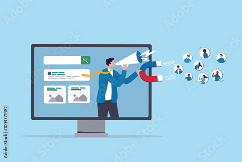 Lead generation, marketing campaign to attract client, customer or user to visit website, SEO strategy or traffic, online media advertising concept, marketing businessman draw customer to website.